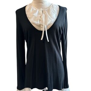 LOFT Black Blouse with White Ruffled Neckline